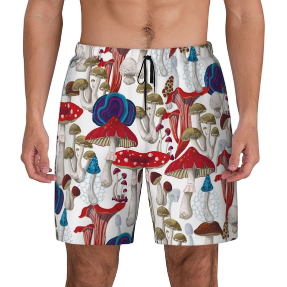 Lsque Mens Swim Trunks Colorful Mushrooms (2) Pattern - Bathing Suit Compression Liner - Beach Swim Shorts Swimwear - (S-3XL) - Stretch Quick Dry -X-Large