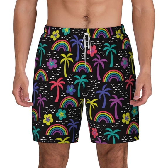 Lsque Mens Swim Trunks Colorful Palms Pattern - Bathing Suit Compression Liner - Beach Swim Shorts Swimwear - (S-3XL) - Stretch Quick Dry -Large