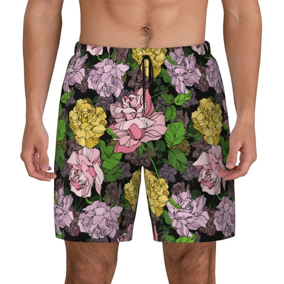 Lsque Mens Swim Trunks Colorful Roses Pattern - Bathing Suit Compression Liner - Beach Swim Shorts Swimwear - (S-3XL) - Stretch Quick Dry -Large