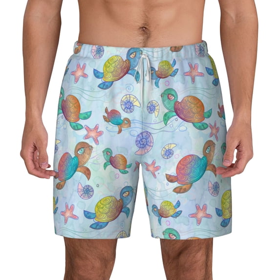 Lsque Mens Swim Trunks Colorful Sea Turtle Pattern - Bathing Suit Compression Liner - Beach Swim Shorts Swimwear - (S-3XL) - Stretch Quick Dry -Large