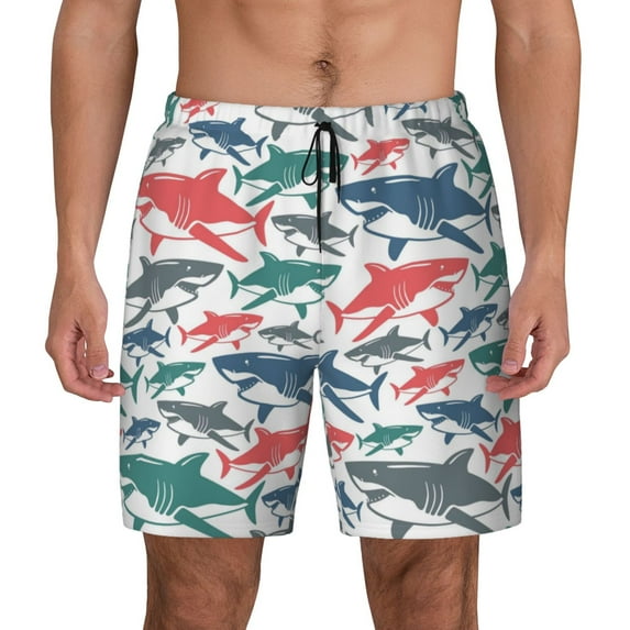 Lsque Mens Swim Trunks Colorful Shark Pattern - Bathing Suit Compression Liner - Beach Swim Shorts Swimwear - (S-3XL) - Stretch Quick Dry -X-Large
