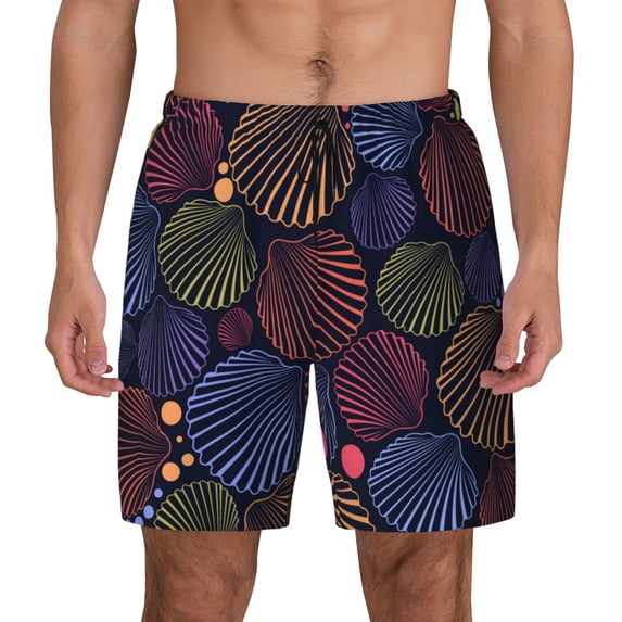 Lsque Mens Swim Trunks Colorful Shells Pattern - Bathing Suit Compression Liner - Beach Swim Shorts Swimwear - (S-3XL) - Stretch Quick Dry -Medium