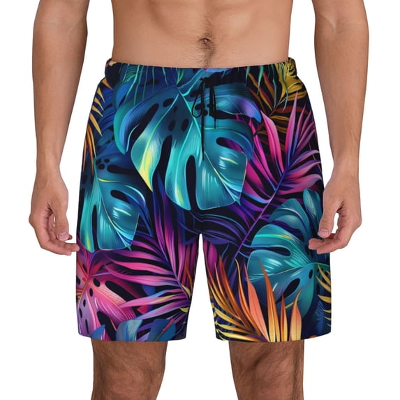 Lsque Mens Swim Trunks Colorful Tropical Leaves Pattern - Bathing Suit Compression Liner - Beach Swim Shorts Swimwear - (S-3XL) - Stretch Quick Dry -Large