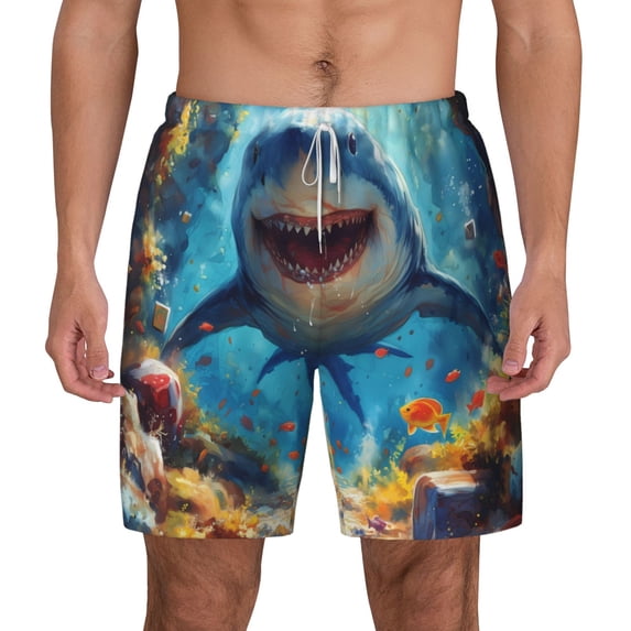 Lsque Mens Swim Trunks Colorful Underwater Shark Pattern - Bathing Suit Compression Liner - Beach Swim Shorts Swimwear - (S-3XL) - Stretch Quick Dry -Small