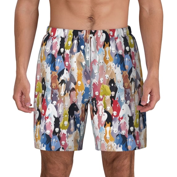 Lsque Mens Swim Trunks Colourful Horses Pattern - Bathing Suit Compression Liner - Beach Swim Shorts Swimwear - (S-3XL) - Stretch Quick Dry -Medium