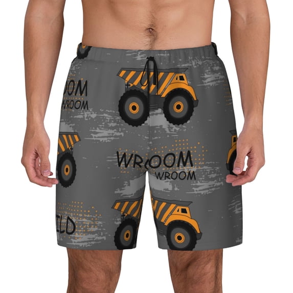 Lsque Mens Swim Trunks Construction Machines Pattern - Bathing Suit Compression Liner - Beach Swim Shorts Swimwear - (S-3XL) - Stretch Quick Dry -X-Large