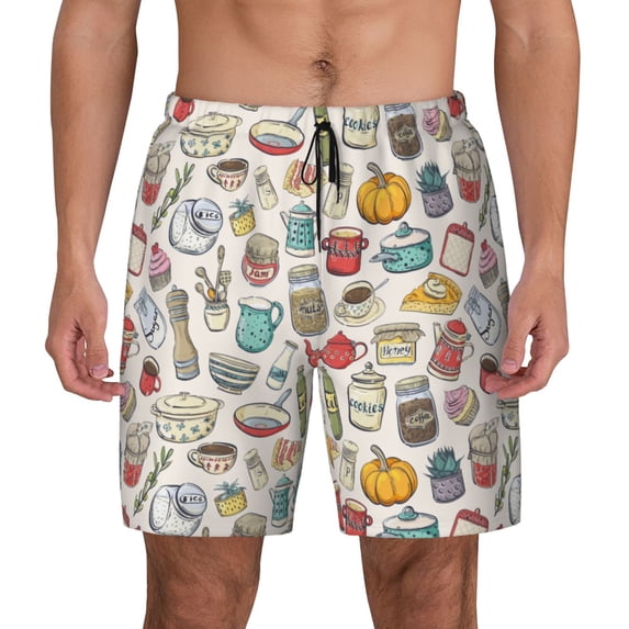 Lsque Mens Swim Trunks Cooking Utensils Pattern - Bathing Suit Compression Liner - Beach Swim Shorts Swimwear - (S-3XL) - Stretch Quick Dry -3X-Large
