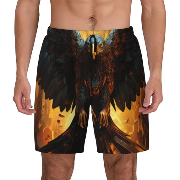 Lsque Mens Swim Trunks Cool Black Eagle Pattern - Bathing Suit Compression Liner - Beach Swim Shorts Swimwear - (S-3XL) - Stretch Quick Dry -Large