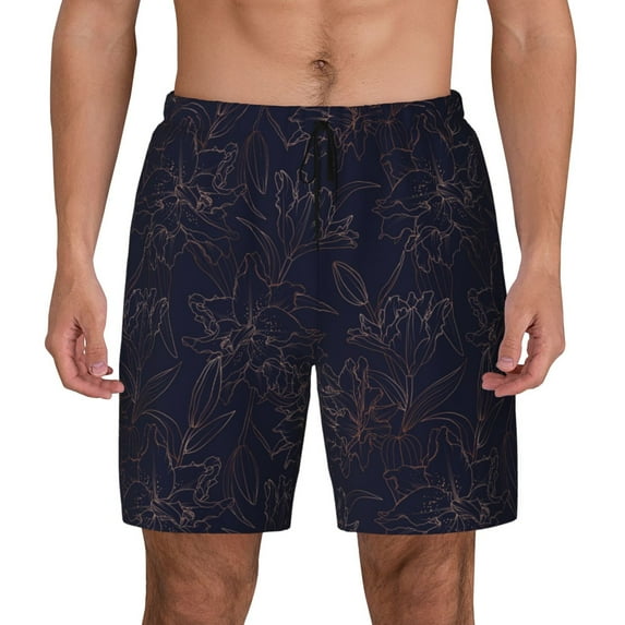 Lsque Mens Swim Trunks Copper-Gold Gloss Outline Flower1 Pattern - Bathing Suit Compression Liner - Beach Swim Shorts Swimwear - (S-3XL) - Stretch Quick Dry -XX-Large