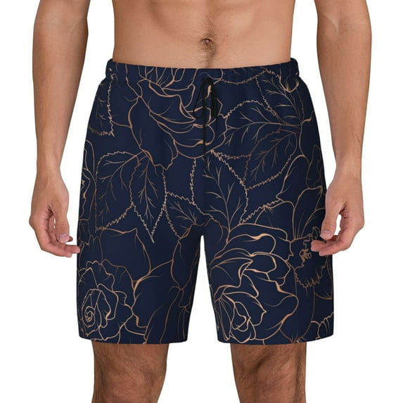Lsque Mens Swim Trunks Copper-Gold Gloss Outline Navy Dark Blue Pattern - Bathing Suit Compression Liner - Beach Swim Shorts Swimwear - (S-3XL) - Stretch Quick Dry -Small