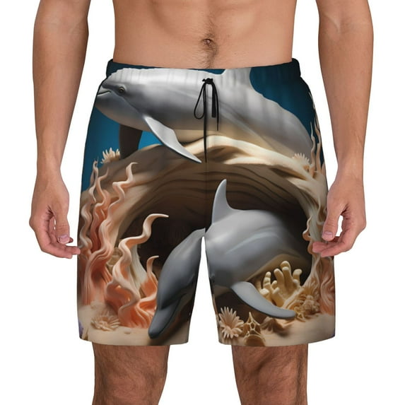 Lsque Mens Swim Trunks Coral Fish Dolphin Pattern - Bathing Suit Compression Liner - Beach Swim Shorts Swimwear - (S-3XL) - Stretch Quick Dry -Large
