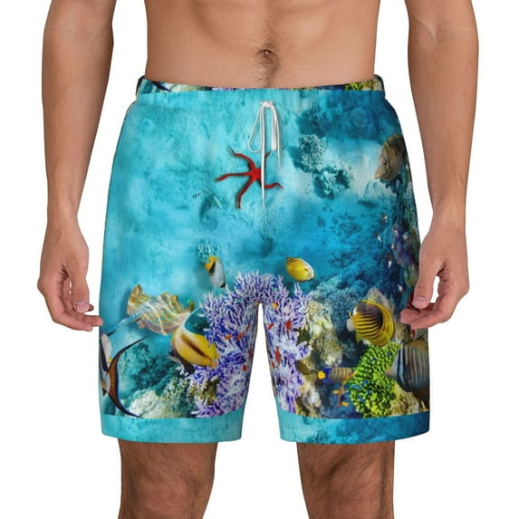 Lsque Mens Swim Trunks Corals and Tropical Fish Pattern - Bathing Suit Compression Liner - Beach Swim Shorts Swimwear - (S-3XL) - Stretch Quick Dry -Large