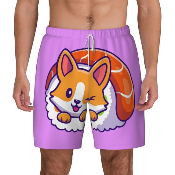 Lsque Mens Swim Trunks Corgi In Sushi Roll Pattern - Bathing Suit Compression Liner - Beach Swim Shorts Swimwear - (S-3XL) - Stretch Quick Dry -3X-Large