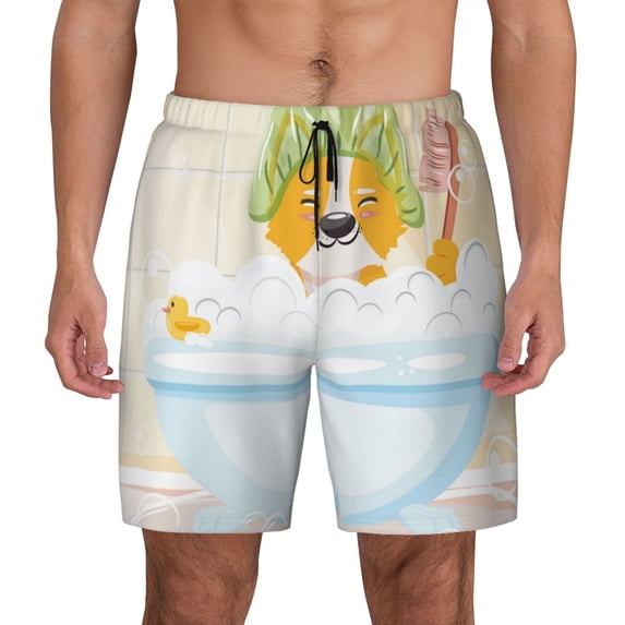 Lsque Mens Swim Trunks Corgi In The Shower Cap Bathing Pattern - Bathing Suit Compression Liner - Beach Swim Shorts Swimwear - (S-3XL) - Stretch Quick Dry -