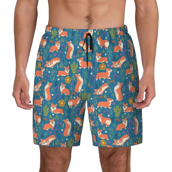 Lsque Mens Swim Trunks Corgi with Flowers Pattern - Bathing Suit Compression Liner - Beach Swim Shorts Swimwear - (S-3XL) - Stretch Quick Dry -Small