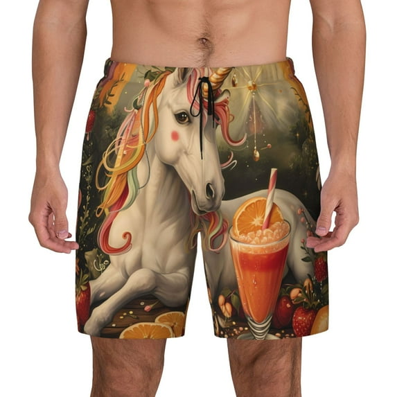 Lsque Mens Swim Trunks Countryside Fruit White Horse Pattern - Bathing Suit Compression Liner - Beach Swim Shorts Swimwear - (S-3XL) - Stretch Quick Dry -Small