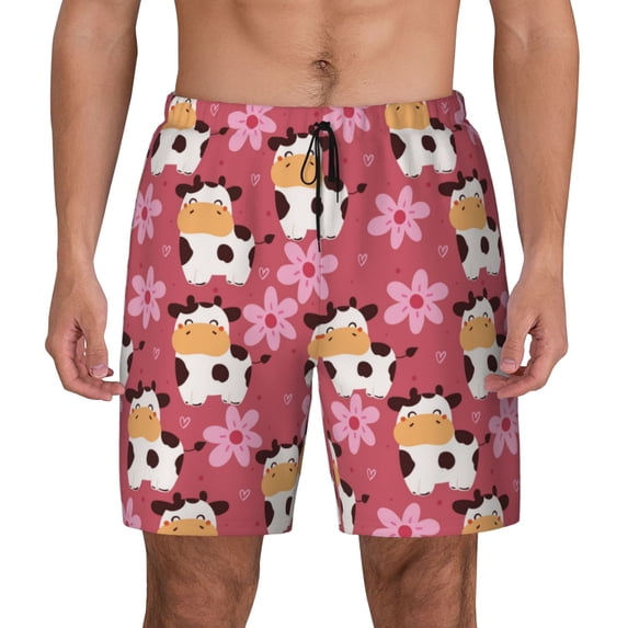 Lsque Mens Swim Trunks Cow And Flower Pattern - Bathing Suit Compression Liner - Beach Swim Shorts Swimwear - (S-3XL) - Stretch Quick Dry -Medium