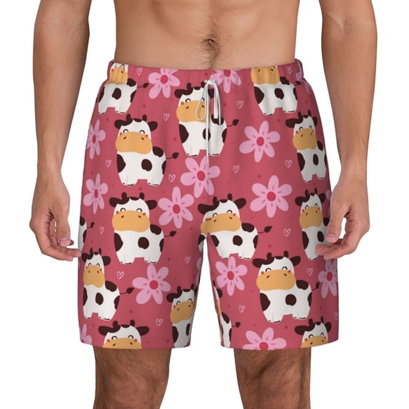 Lsque Mens Swim Trunks Cow And Flower Pattern - Bathing Suit Compression Liner - Beach Swim Shorts Swimwear - (S-3XL) - Stretch Quick Dry -X-Large