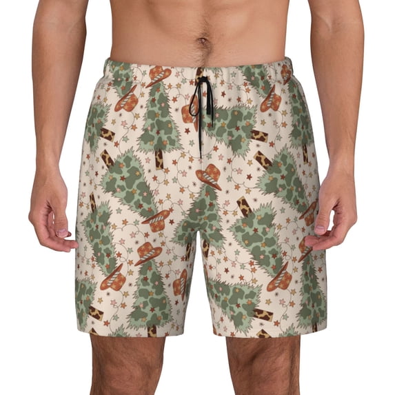 Lsque Mens Swim Trunks Cowboy Christmas Trees Pattern - Bathing Suit Compression Liner - Beach Swim Shorts Swimwear - (S-3XL) - Stretch Quick Dry -3X-Large