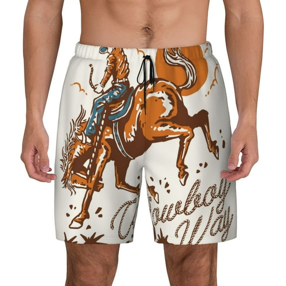 Lsque Mens Swim Trunks Cowboy Riding Horse Pattern - Bathing Suit Compression Liner - Beach Swim Shorts Swimwear - (S-3XL) - Stretch Quick Dry -Medium