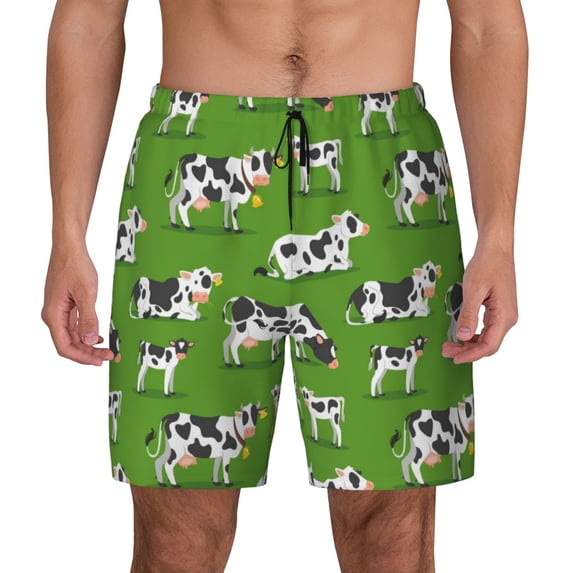 Lsque Mens Swim Trunks Cows With Calfs Green Pattern - Bathing Suit Compression Liner - Beach Swim Shorts Swimwear - (S-3XL) - Stretch Quick Dry -XX-Large