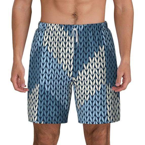 Lsque Mens Swim Trunks Cozy Knitted Blue Chevron Pattern - Bathing Suit Compression Liner - Beach Swim Shorts Swimwear - (S-3XL) - Stretch Quick Dry -X-Large