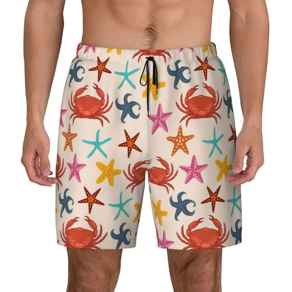 Lsque Mens Swim Trunks Crabs And Seastars Pattern - Bathing Suit Compression Liner - Beach Swim Shorts Swimwear - (S-3XL) - Stretch Quick Dry -X-Large