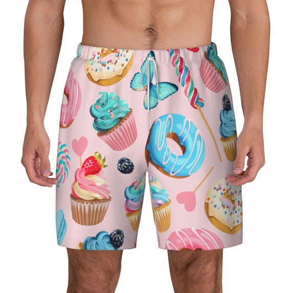 Lsque Mens Swim Trunks Cupcakes and Donuts Pattern - Bathing Suit Compression Liner - Beach Swim Shorts Swimwear - (S-3XL) - Stretch Quick Dry -Large