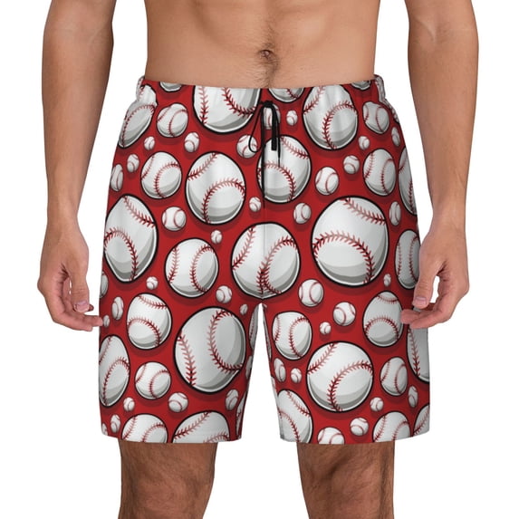 Lsque Mens Swim Trunks Cute Baseball Pattern - Bathing Suit Compression Liner - Beach Swim Shorts Swimwear - (S-3XL) - Stretch Quick Dry -Small