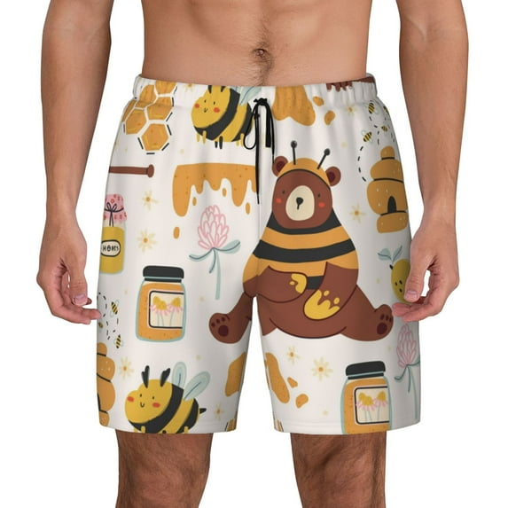 Lsque Mens Swim Trunks Cute Bee Honey Jar Hive Bear Pattern - Bathing Suit Compression Liner - Beach Swim Shorts Swimwear - (S-3XL) - Stretch Quick Dry -X-Large