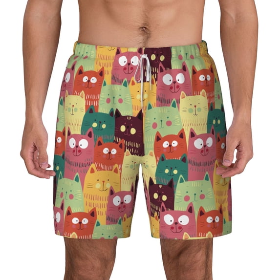 Lsque Mens Swim Trunks Cute Cartoon Cat Pattern - Bathing Suit Compression Liner - Beach Swim Shorts Swimwear - (S-3XL) - Stretch Quick Dry -3X-Large