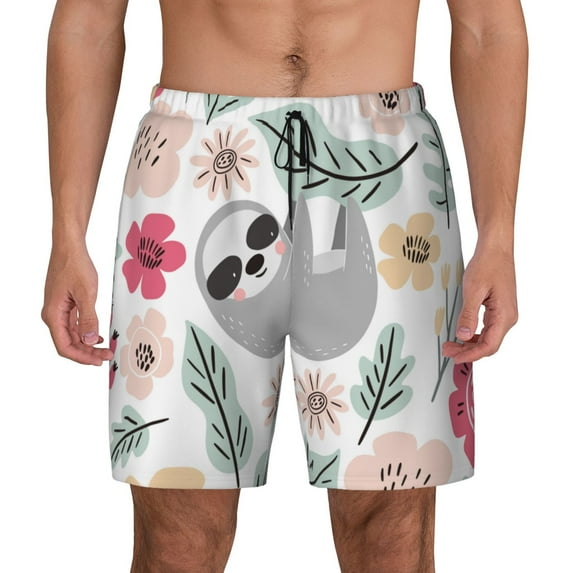 Lsque Mens Swim Trunks Cute Cartoon Sloth Pattern - Bathing Suit Compression Liner - Beach Swim Shorts Swimwear - (S-3XL) - Stretch Quick Dry -X-Large