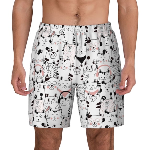Lsque Mens Swim Trunks Cute Cat Pattern - Bathing Suit Compression Liner - Beach Swim Shorts Swimwear - (S-3XL) - Stretch Quick Dry -Large