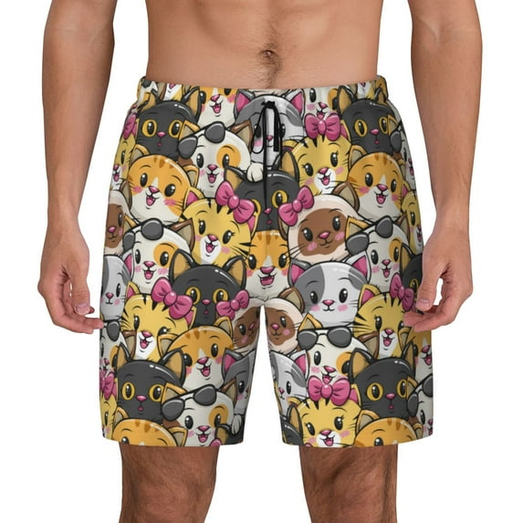 Lsque Mens Swim Trunks Cute Cat Pattern - Bathing Suit Compression Liner - Beach Swim Shorts Swimwear - (S-3XL) - Stretch Quick Dry -X-Large
