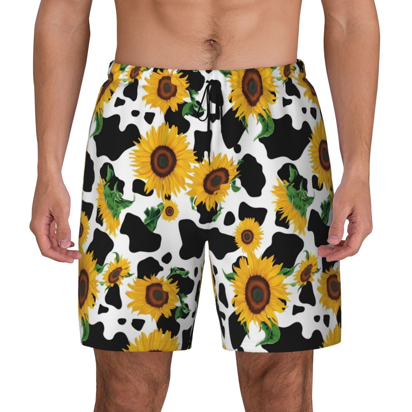 Lsque Mens Swim Trunks Cute Cow Print Sunflower D Pattern Bathing