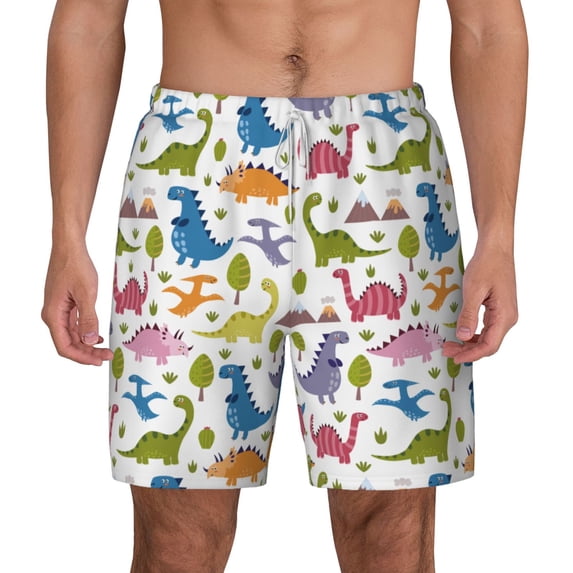 Lsque Mens Swim Trunks Cute Dinosaur Pattern - Bathing Suit Compression Liner - Beach Swim Shorts Swimwear - (S-3XL) - Stretch Quick Dry -Large