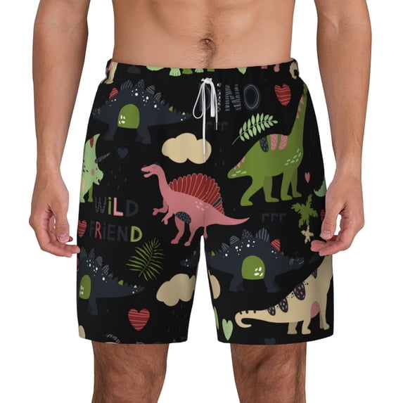 Lsque Mens Swim Trunks Cute Dinosaurs Pattern - Bathing Suit Compression Liner - Beach Swim Shorts Swimwear - (S-3XL) - Stretch Quick Dry -Large