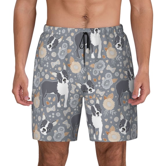 Lsque Mens Swim Trunks Cute Dog And Flowers Pattern - Bathing Suit Compression Liner - Beach Swim Shorts Swimwear - (S-3XL) - Stretch Quick Dry -