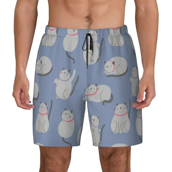 Lsque Mens Swim Trunks Cute Fat Cat Pattern - Bathing Suit Compression Liner - Beach Swim Shorts Swimwear - (S-3XL) - Stretch Quick Dry -Small
