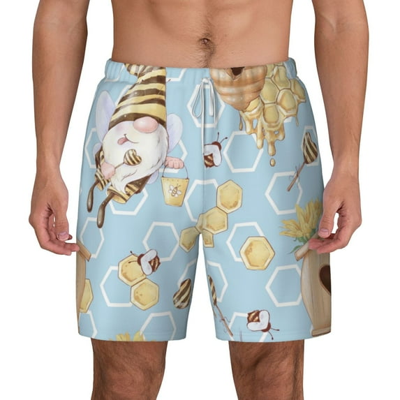 Lsque Mens Swim Trunks Cute Gnome Bee Collects Honey Pattern - Bathing Suit Compression Liner - Beach Swim Shorts Swimwear - (S-3XL) - Stretch Quick Dry -Medium