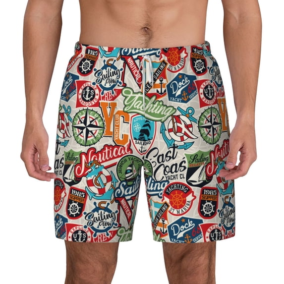 Lsque Mens Swim Trunks Cute Nautical Pattern - Bathing Suit Compression Liner - Beach Swim Shorts Swimwear - (S-3XL) - Stretch Quick Dry -Large
