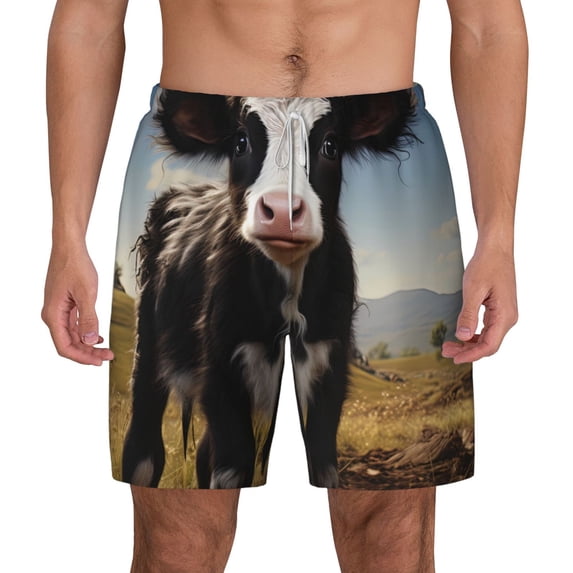 Lsque Mens Swim Trunks Cute Prairie Cow Pattern - Bathing Suit Compression Liner - Beach Swim Shorts Swimwear - (S-3XL) - Stretch Quick Dry -3X-Large