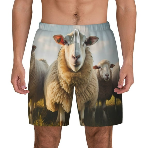 Lsque Mens Swim Trunks Cute Prairie Sheep Herd Pattern - Bathing Suit Compression Liner - Beach Swim Shorts Swimwear - (S-3XL) - Stretch Quick Dry -X-Large