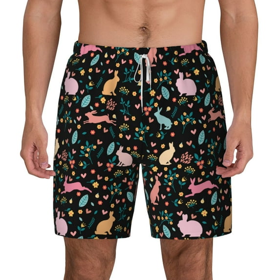 Lsque Mens Swim Trunks Cute Rabbit And Flower Pattern - Bathing Suit Compression Liner - Beach Swim Shorts Swimwear - (S-3XL) - Stretch Quick Dry -3X-Large