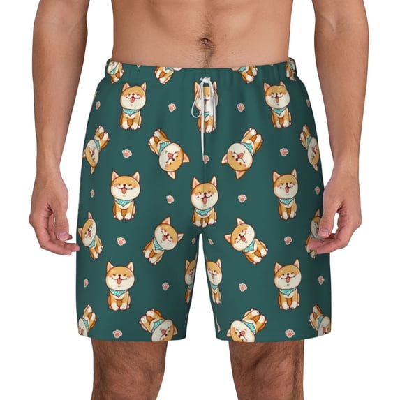 Lsque Mens Swim Trunks Cute Shiba Pattern - Bathing Suit Compression Liner - Beach Swim Shorts Swimwear - (S-3XL) - Stretch Quick Dry -3X-Large