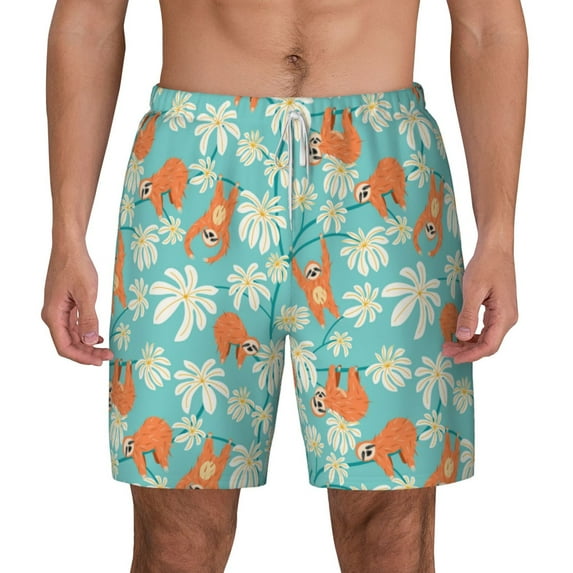 Lsque Mens Swim Trunks Cute Sloth on Floral Tree Pattern - Bathing Suit Compression Liner - Beach Swim Shorts Swimwear - (S-3XL) - Stretch Quick Dry -X-Large