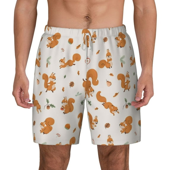 Lsque Mens Swim Trunks Cute Squirrel Fall Pattern - Bathing Suit Compression Liner - Beach Swim Shorts Swimwear - (S-3XL) - Stretch Quick Dry -3X-Large