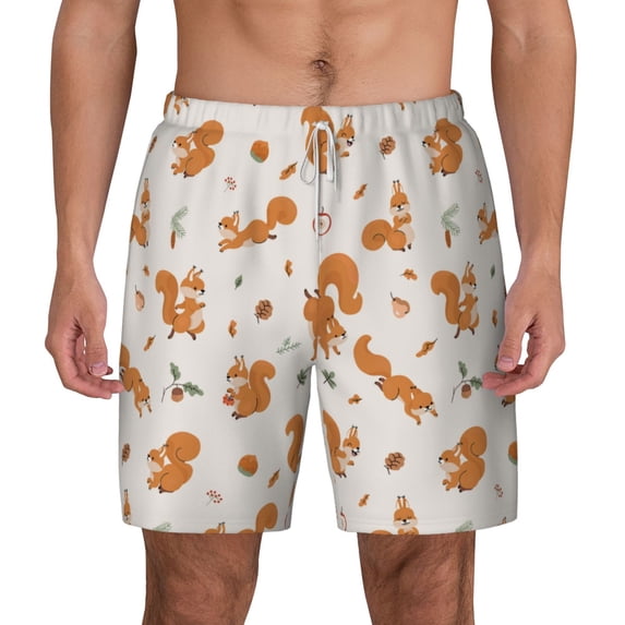 Lsque Mens Swim Trunks Cute Squirrel Fall Pattern - Bathing Suit Compression Liner - Beach Swim Shorts Swimwear - (S-3XL) - Stretch Quick Dry -Small
