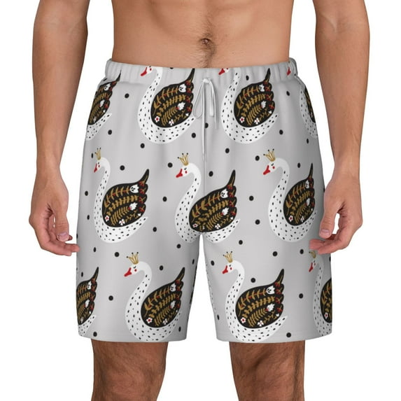 Lsque Mens Swim Trunks Cute Swan Pattern - Bathing Suit Compression Liner - Beach Swim Shorts Swimwear - (S-3XL) - Stretch Quick Dry -Medium