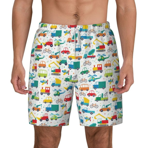 Lsque Mens Swim Trunks Cute Transport Pattern - Bathing Suit Compression Liner - Beach Swim Shorts Swimwear - (S-3XL) - Stretch Quick Dry -X-Large